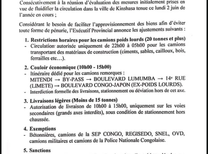 KINSHASA : MISE EN PLACE D'UN COULOIR ÉCONOMIQUE POUR RÉGULER LA CIRCULATION DES CAMIONS POIDS LOURDS